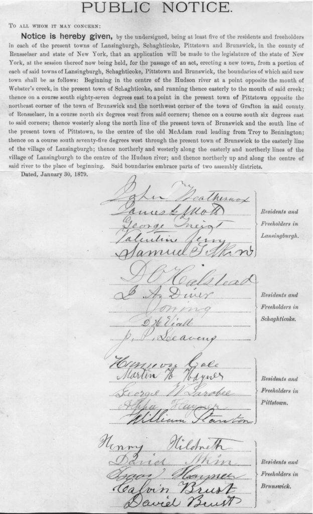 1879 signed notice of application to NYS Legislature to form new town of North Lansingburgh