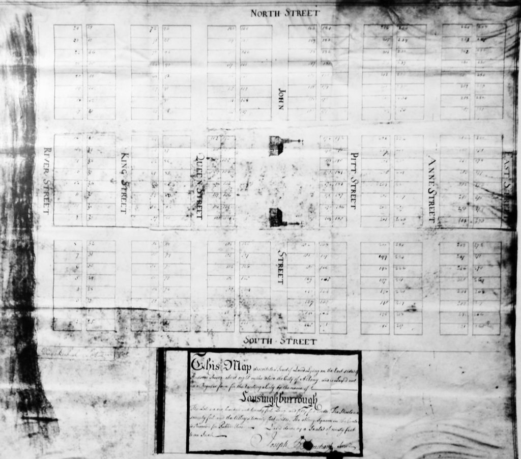 "This Map describeth a Tract of Land [...] Lay'd out in a Regular form for the Erecting a city by the name of Lansinghburrough"