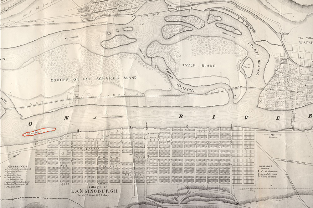 “Map of the Confluence of the Mohawk and Hudson Rivers, with the villages and islands,” 1843. (red added to Whale Island to image from Saratoga Living)