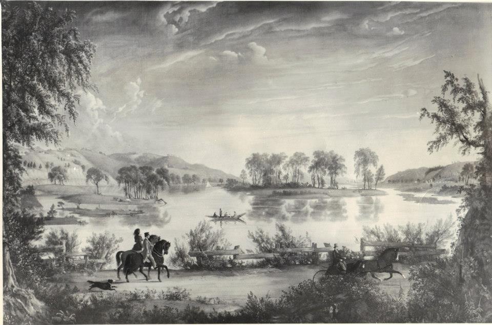 copy of painting, scenes near Lansingburgh, by William Hart 1848 shows Campbell's Island from River Rd.