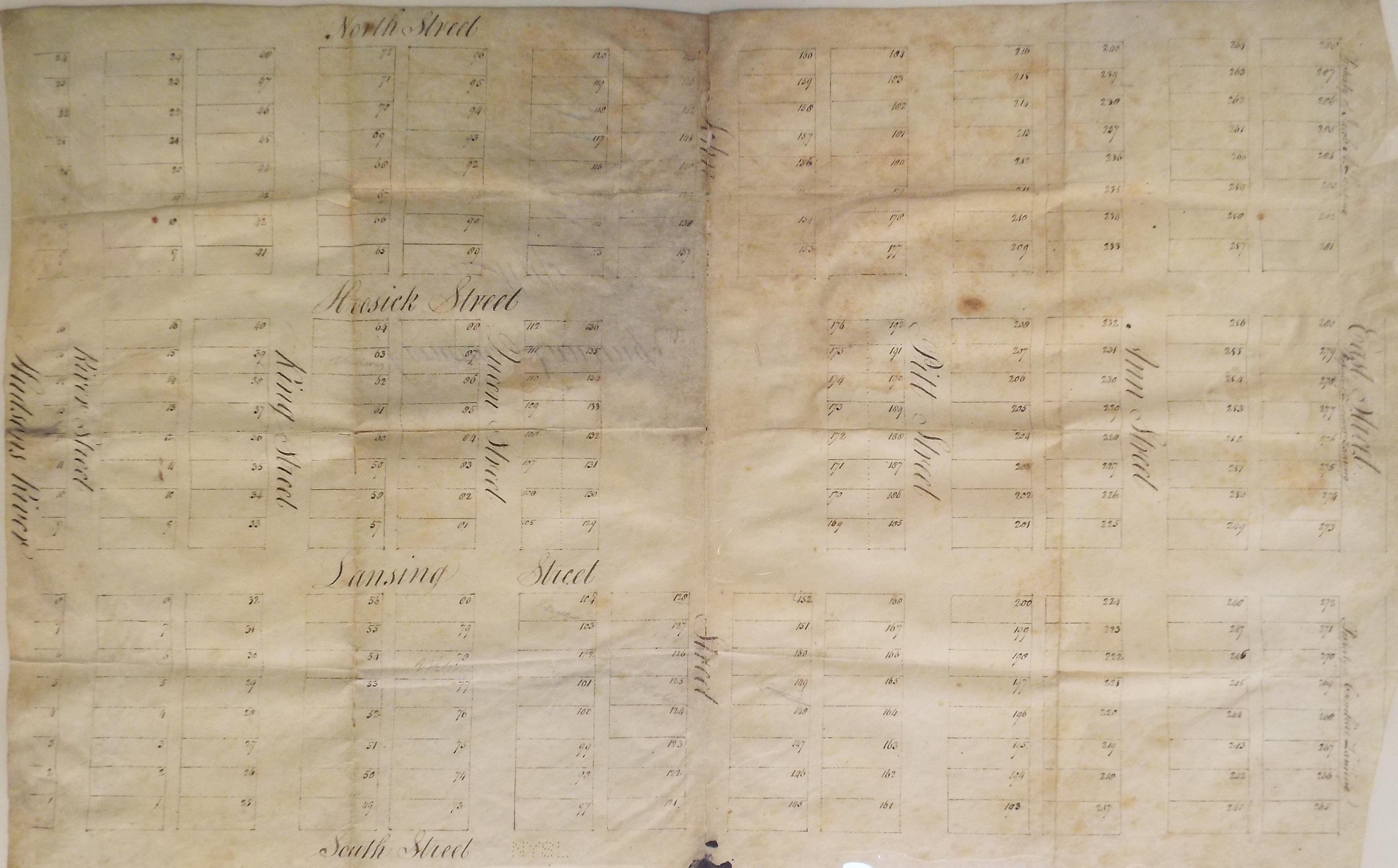 "Jacob A. Lansingh Map of the First Division of Lansingburgh." ca. 1771. (River Street, now 1st Avenue to East Street, now 7th Avenue; South Street, now 111th Street to North Street, now 114th Street)