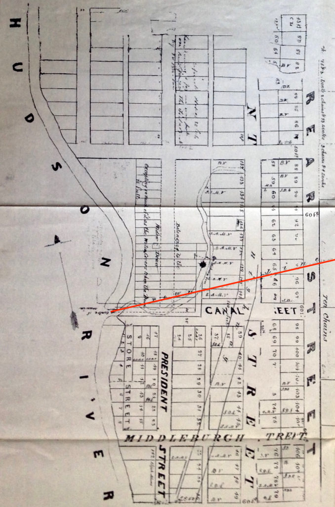 Detail of (1811?) map showing border between towns of Lansingburgh and Troy