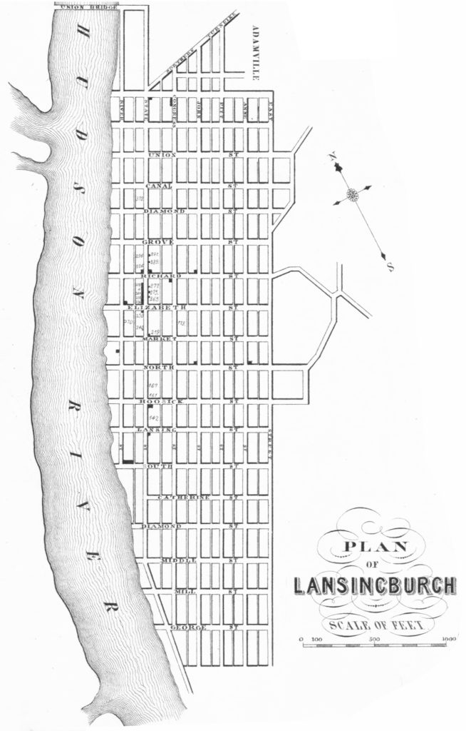 "Plan of [Village of] Lansingburgh" detail cropped and lightened from Rogerson, A. E, E. A Balch, and Robert Pearsall Smith. Map of Rensselaer County, New York: from actual surveys. [Troy N.Y.: E.A. Balch, publisher, 1854] Map. Retrieved from the Library of Congress, https://www.loc.gov/item/2013593230/>