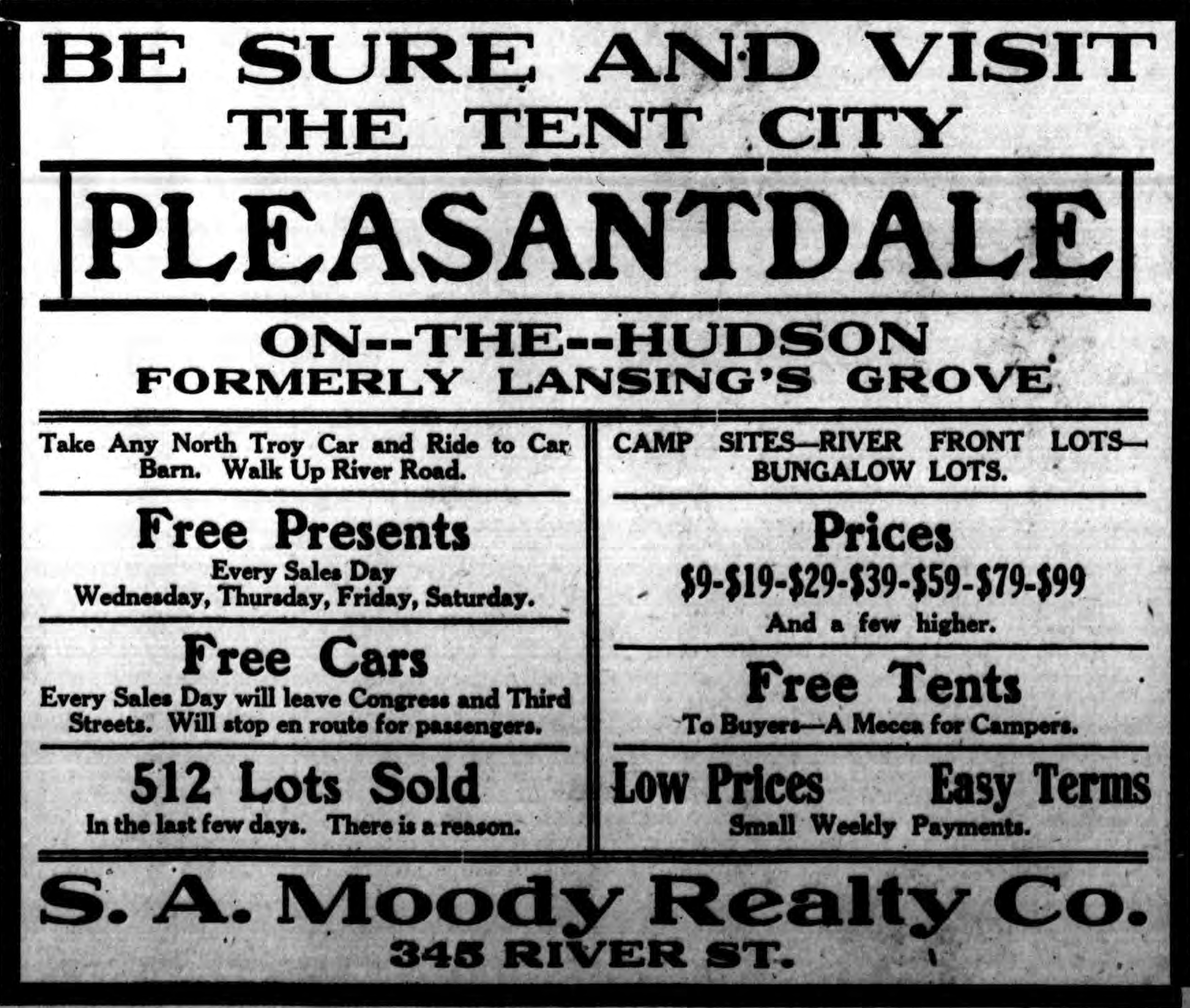 Advertisement "Be sure and visit the tent city Pleasantdale-on-the-Hudson Formerly Lansing's Grove