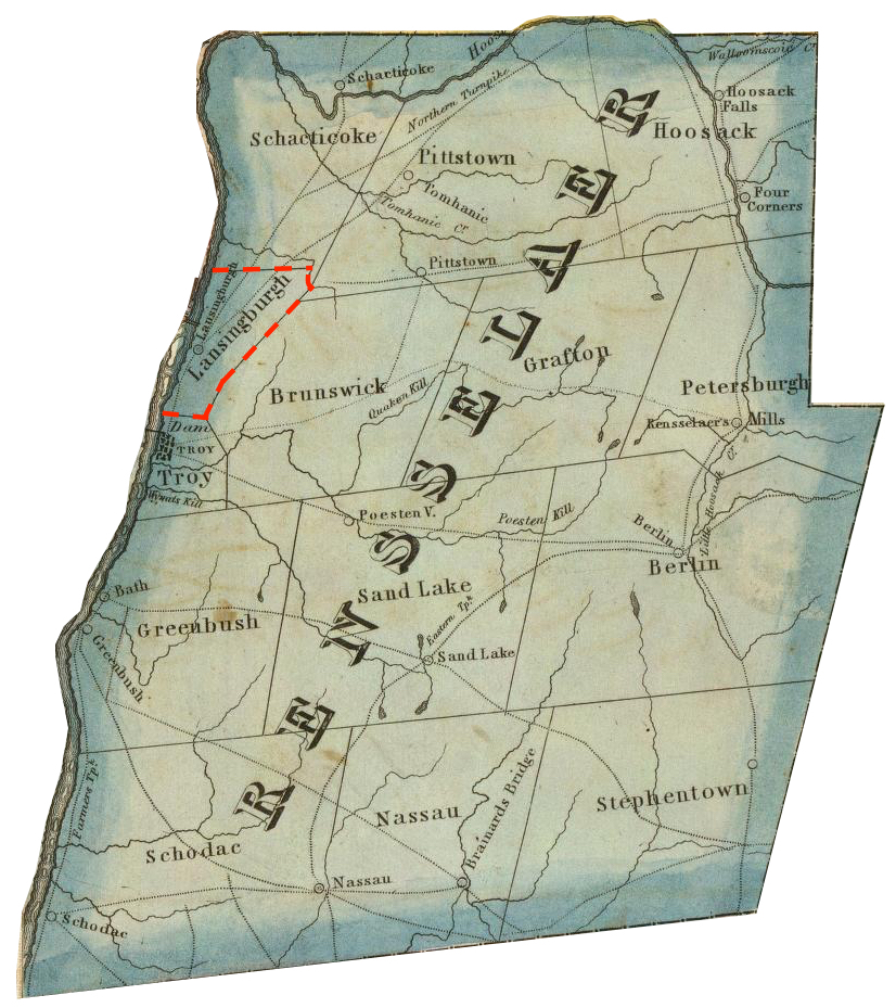 Detail cropped from: Dey, J. Ogden and David H. Vance. "Map of the Western Part of the State of New York." Albany, NY: John Ogden Dey, 1825. http://www.davidrumsey.com/luna/servlet/detail/RUMSEY~8~1~4236~340015:Map-of-the-Western-Part-of-the-Stat  The Town of Lansingburgh marked in red dotted lines; the map seems to have incorrectly made the northern boundary a horizontal line rather than the Deep Kill.