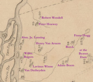 Detail from "A Map of the Manor Rensselaerwick" by John R. Bleecker, Surveyor 1767 showing Lansingburgh area from the Piscawenkill north to the Iserkill.