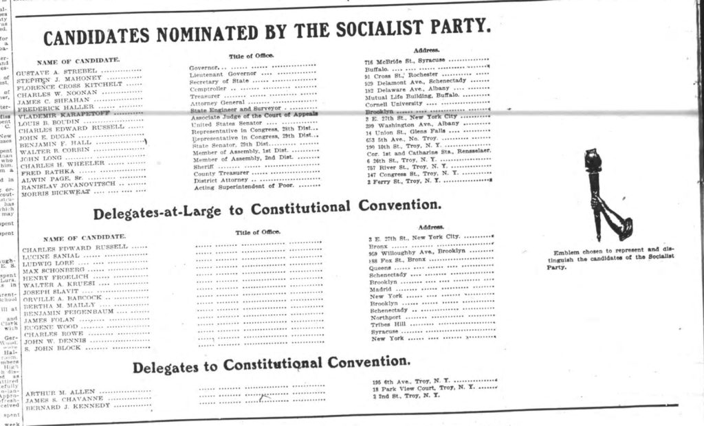 "Candidates Nominated by the Socialist Party." Troy Times. November 2, 1914: 12. (Image cropped from scan by fultonhistory.com)