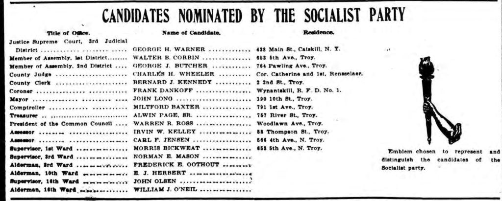 "Candidates Nominated by the Socialist Party." Troy Times. November 1, 1915 (Image cropped from scan by fultonhistory.com)