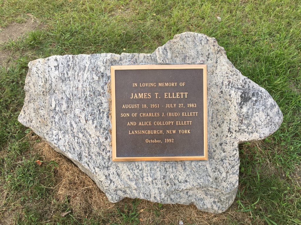 Closeup photo of James T. Ellett Memorial Park stone with plaque.