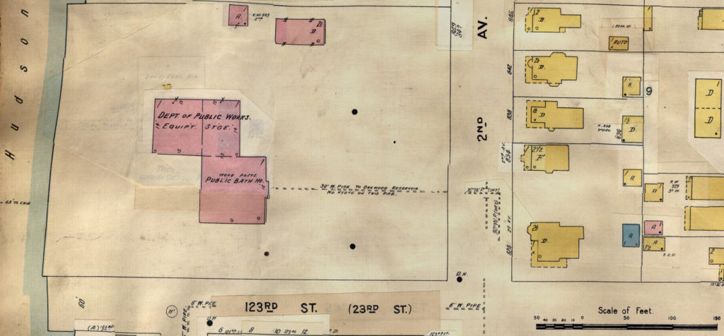 Bath House at 2nd Avenue and 123rd Street from Sanborn Insurance Maps: Troy, NY, 1903, Vol. 1., Map 51. (Cropped from scan by RPI)