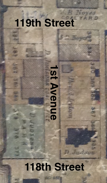 Annotated detail of 1876 Lansingburgh map showing Judson properties alongside 1st Avenue between 118th and 119th streets.