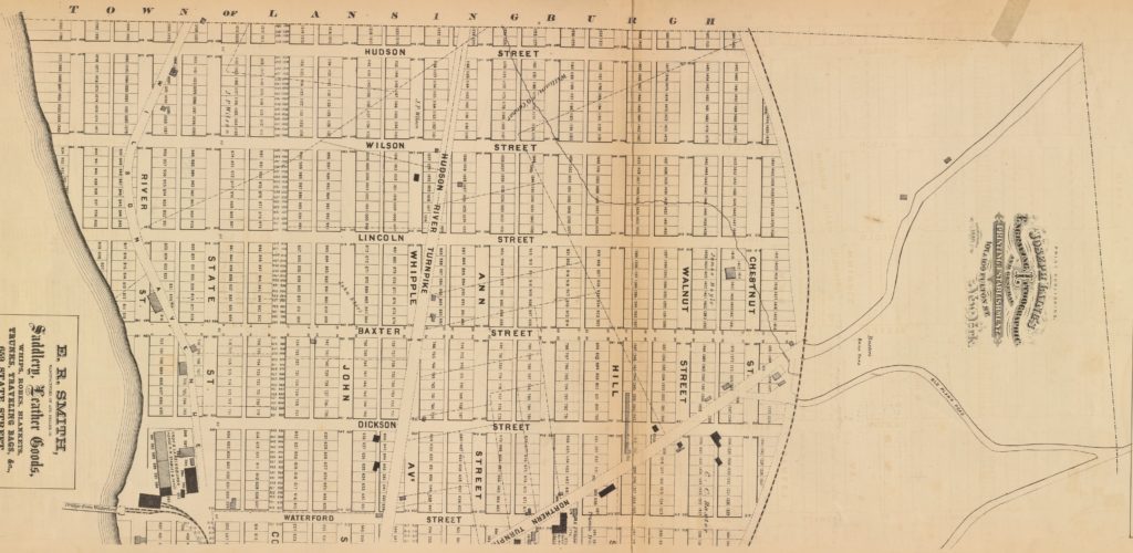 1872 John Bevan map of actual and proposed roads north of 126th Street (formerly Waterford Street); cropped from NYPL image.