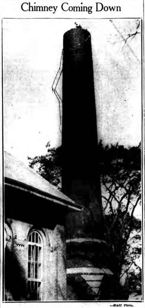 Ben Fraser, a member of the Department of Public Works, is shown atop the chimney of the Public Bath House on Second Avenue in Lansingburgh as he commenced its destruction.  For a long time the chimney has been in a dangerous condition. "Chimney Coming Down." Times Record. October 8, 1938: 7 cols 3-4. (Staff Photo.) (Cropped from scan by fultonhistory.com)