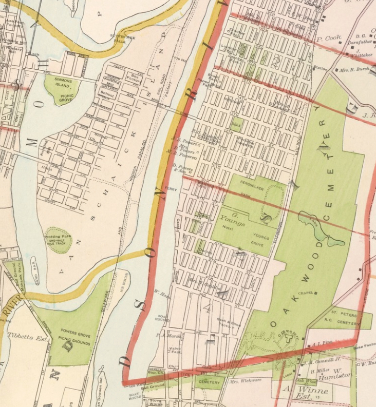 Powers Grove at northern end of Green Island, picnic grove at southern half of Simmons Island, A. Winne property south of Oakwood Cemetery - detail from Lionel Pincus and Princess Firyal Map Division, The New York Public Library. "Portion of Albany County. and City of Cohoes. ; Portion of Rensselaer County. And Cities of Lansingburgh & Troy." The New York Public Library Digital Collections. 1891. http://digitalcollections.nypl.org/items/5fd666af-a99f-a9e3-e040-e00a18060a9a