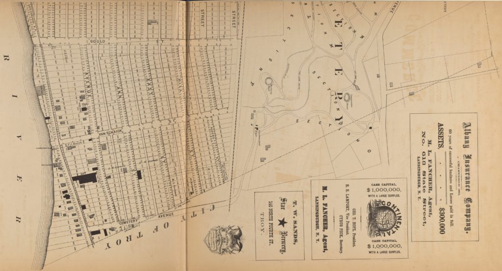 1872 John Bevan map of Lansingburgh from 101st Street (formerly Cemetery Avenue) north; cropped from NYPL image.