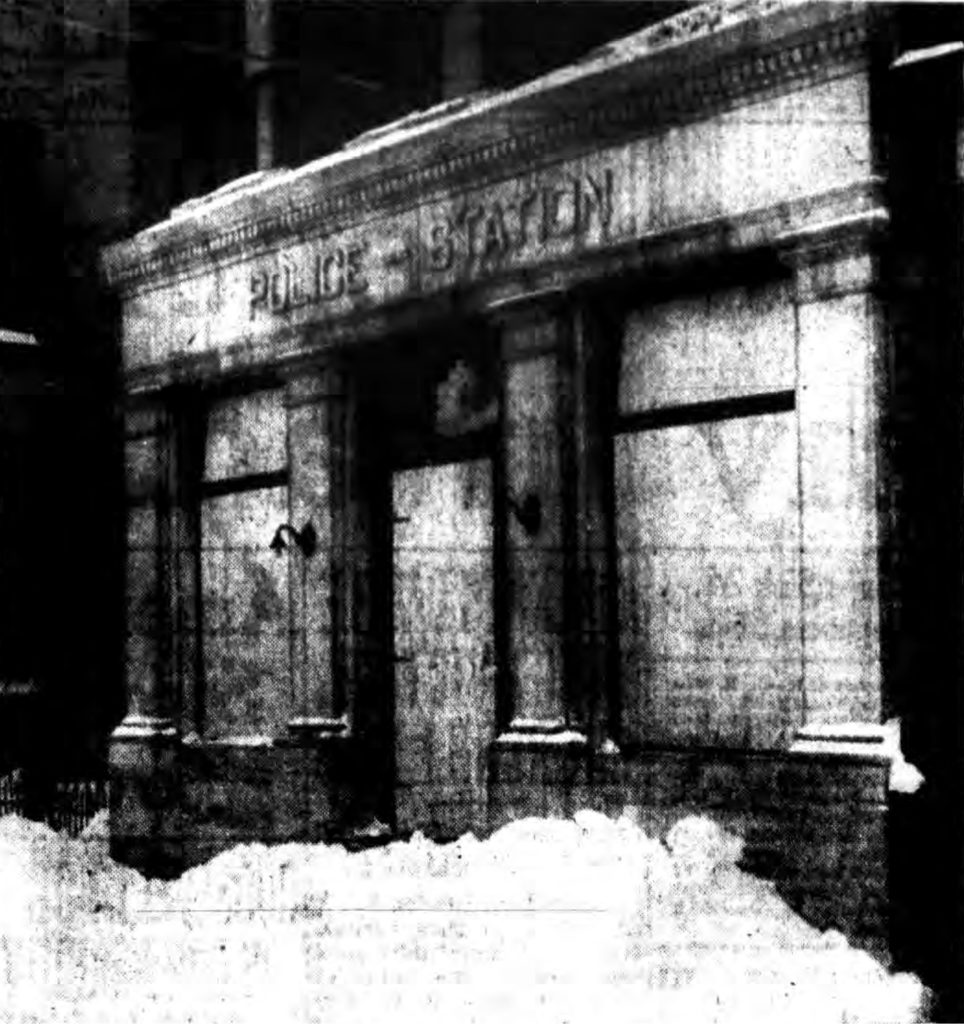 "PASSING LANDMARK—The Fourth Precinct has been boarded up, as shown above, by the Department of Public Works as the Department of Public Safety consolidated First and Fourth Precincts with the Central Station.  The precincts were closed this week.  The city has not yet determined what disposition will be made of the buildings."  Times Record. January 18, 1945: 3 cols 5-7.