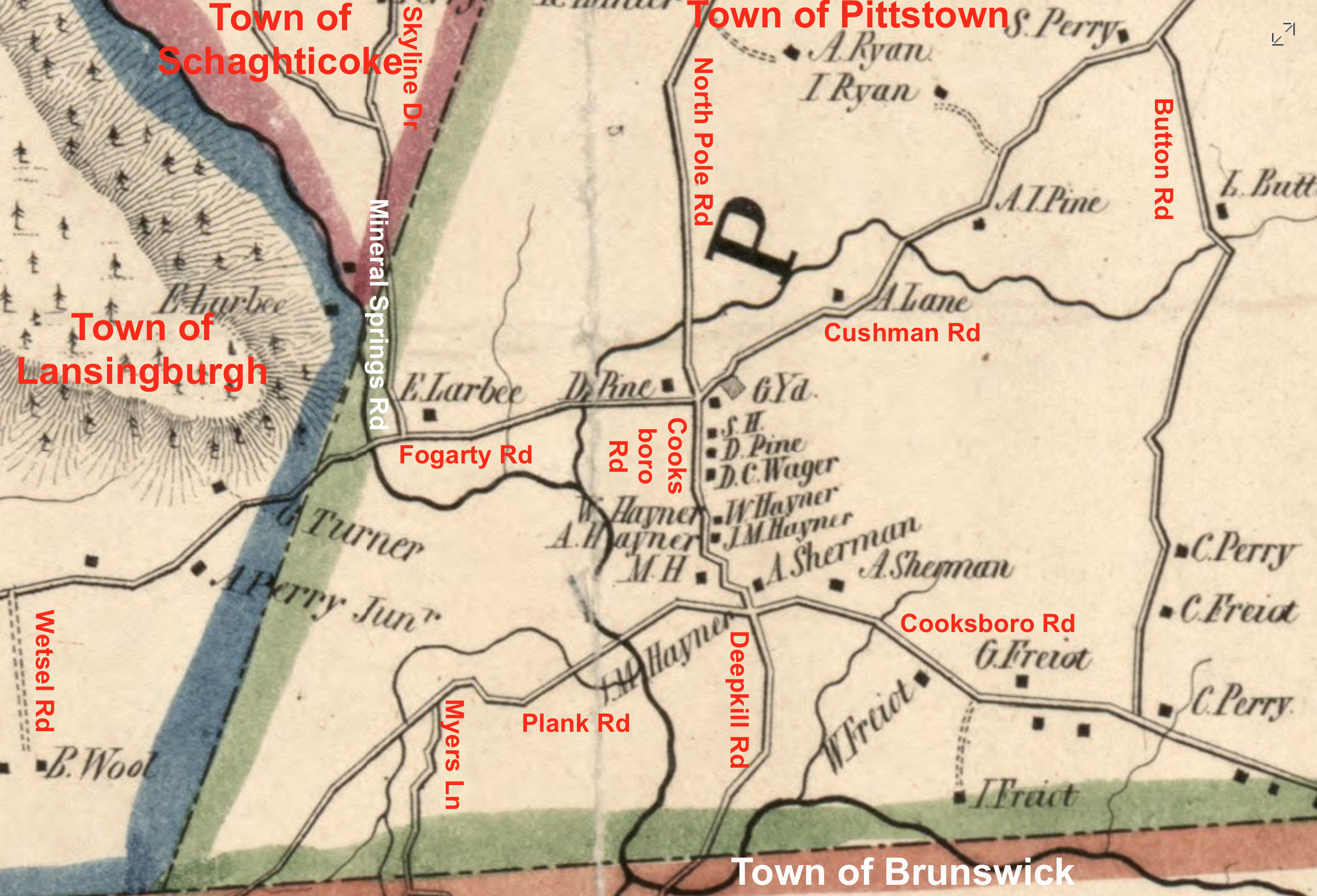 Annotated detail from Rogerson, A. E, E. A Balch, and Robert Pearsall Smith. Map of Rensselaer County, New York: from actual surveys. [Troy N.Y.: E.A. Balch, publisher, 1854] Map. Retrieved from the Library of Congress, .