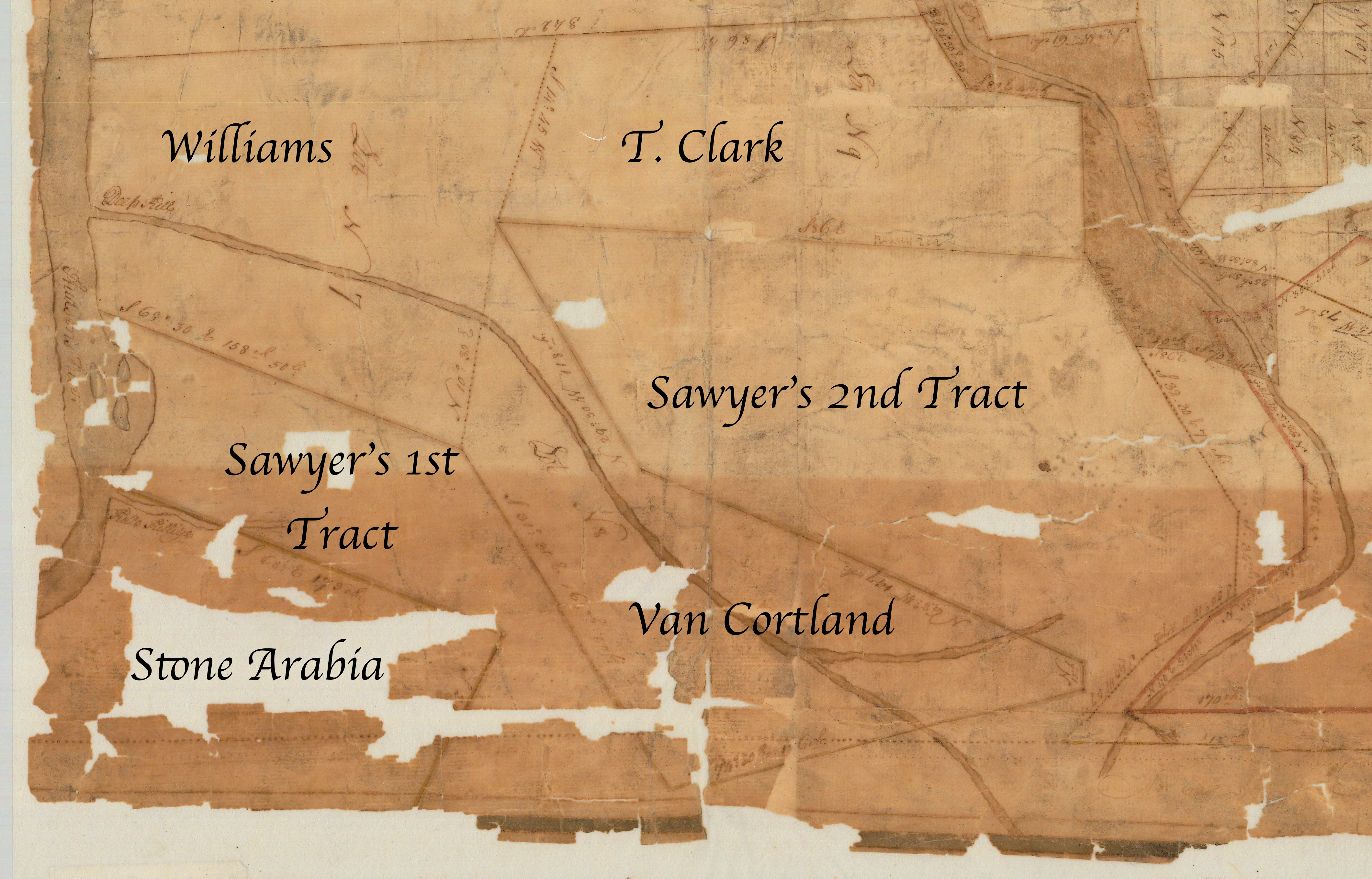 Detail cropped and annotated from "Map of a tract of land, granted to Isaac Sawyer and others called Pitt's Town." http://digitalcollections.archives.nysed.gov/index.php/Detail/Object/Show/object_id/36917