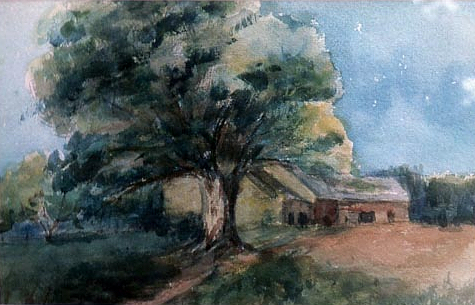 Lee, Caroline Haughton. Barns at Nestledown. ca. 1910s-1930s, watercolor, Lansingburgh Historical Society. (detail)