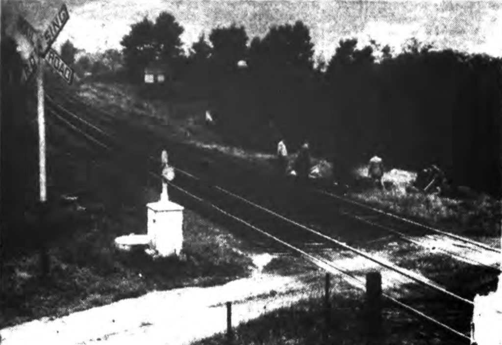 SUDDEN DEATH—Two were killed late yesterday afternoon at this crossing north of Speigletown by a south-bound Rutland R. R. train.  Picture above shows the twisted car tossed to the roadside.  The crossing, known as Flynn's Crossing, is on a dirt road connecting the River Road with the Melrose highway. Times Record [Troy, NY]. September 7, 1944: 14 cols 1-3.