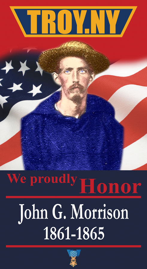 Vertical banner; tinted photo of John G. Morrison in front of waving US flag.