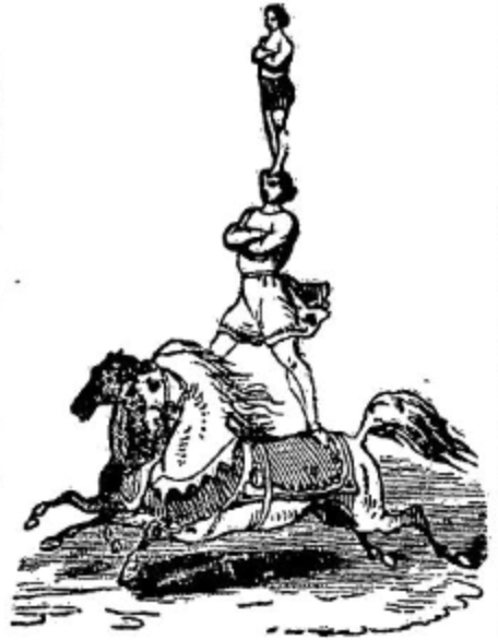 Black and white illustration of two gymnasts standing on top of each other on top of two horses.