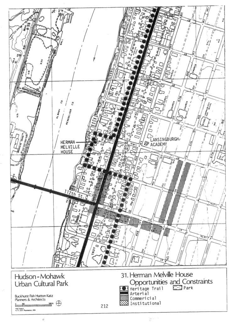 page 212 of 1984 UCP Management Plan showing map of part of Lansingburgh with Herman Melville House and Lansingburgh Academy marked.