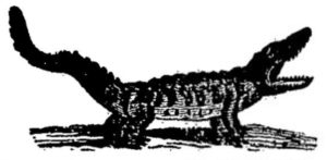 Black and white illustration of a crocodile or alligator.