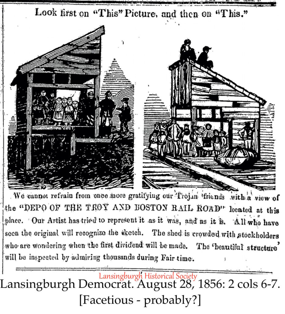 Two woodcut or engraved illustrations of small crowds within shanty-like depots.