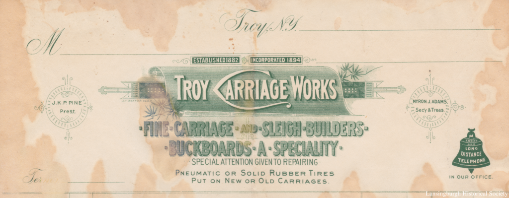 Established 1882 Incorporated 1894 J. K. P. Pine Pres't Myron J. Adams Sec'y & Treas. Fine Carriage and Sleigh Builders Buckboards a Specialty Special Attention Given to Repairing Pneumatic or Solid Rubber Tires Put on New or Old Carriages Long Distance Telephone in Our Office