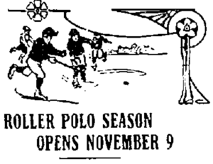 Illustration of four roller polo players as a header to an article.