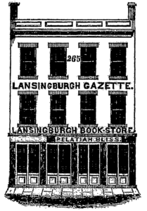 Illustration showing the Lansingburgh Gazette's building three-story building, "Lansingburgh Book-Store" of Pelatiah Bliss on first floor, a row of four window on both the second and third floors.