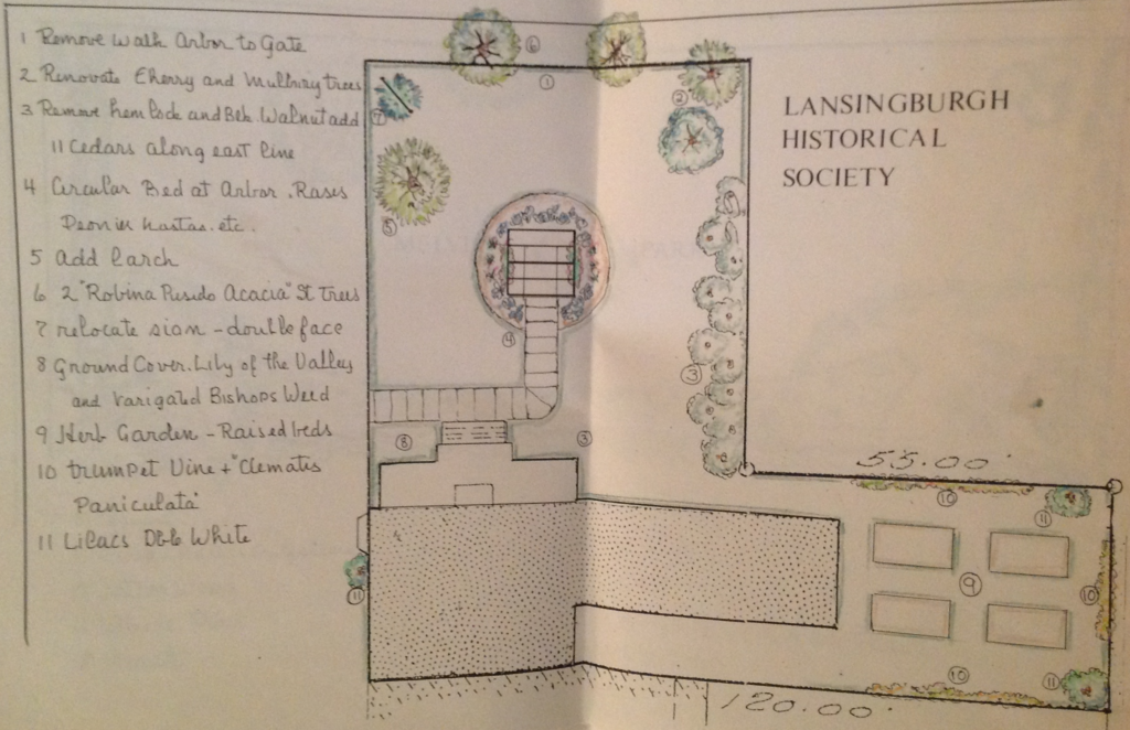1 Remove walk arbor to gate 2 Renovate cherry and mulbury trees 3 Remove hemlock and Blk. Walnut add 11 cedars along east line 4 Circular bed at arbor, roses, peonies hostas, etc. 5 Add larch 6 2 "Robina Resido Acacia" St trees 7 relocate sian [?] double face 8 Ground cover Lily of the Valley and Vaigated Bishops Weed 9 Herb Garden - Raised beds 10 trumpet vine + "clematis paniculata" 11 lilacs double white