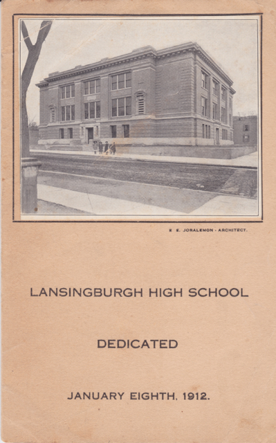 Black and white photo taken from west side of Fifth Avenue.  "Lansingburgh High School Dedicated January Eighth, 1912" "E. E. Joralemon - Architect."