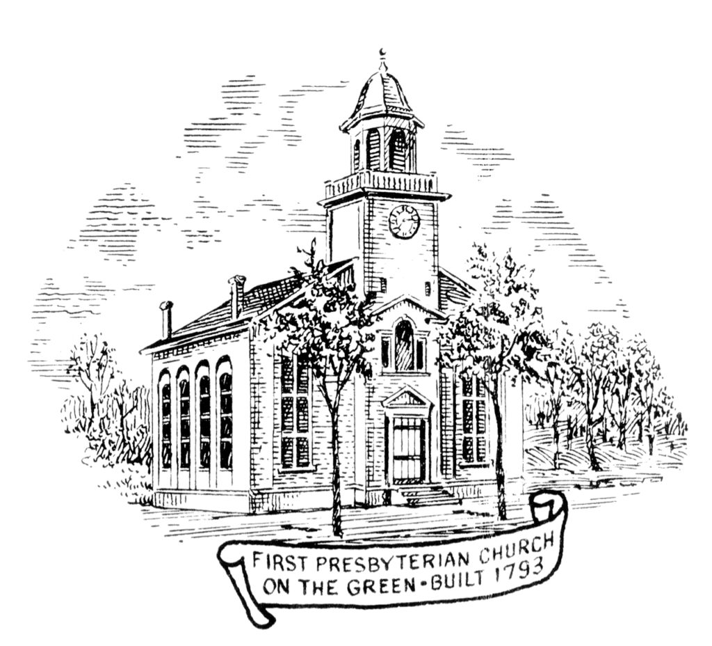 Black and white line drawing of church.