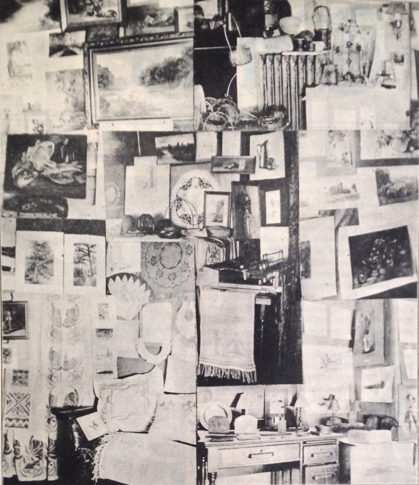 Collage of black and white photos densely packed with artworks of all kinds.