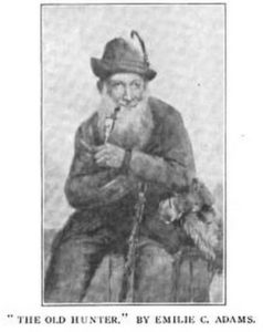 Black and white image of bearded old man with pipe, seated, in hunting outfit.